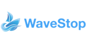 Blaues Wasserzeichen Segelschiff weißer Grund, Schriftzug blau: WaveStop